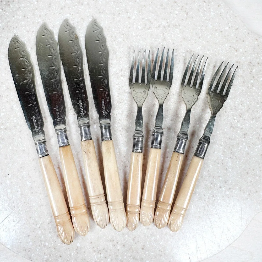 Silver‎ Plate Fish Knives Forks Set Vintage EP MB Sheffield Ornate Blades 8pc
